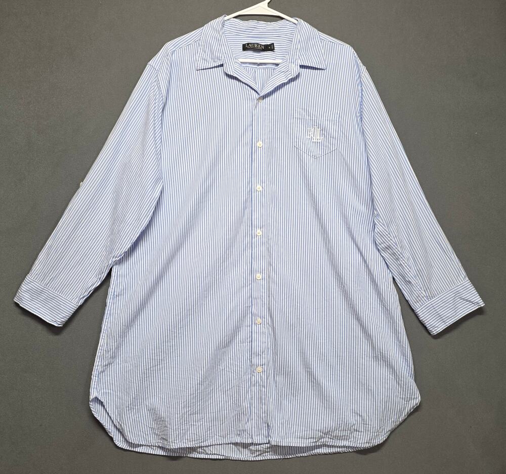 Lauren Ralph Lauren Sleep Shirt Buttons Blue White Stripes Embroidered Logo  XL